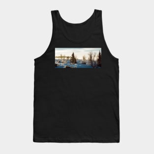 White Scandinavian Winter Landscape With Mysterious Fog on Sunny Tank Top